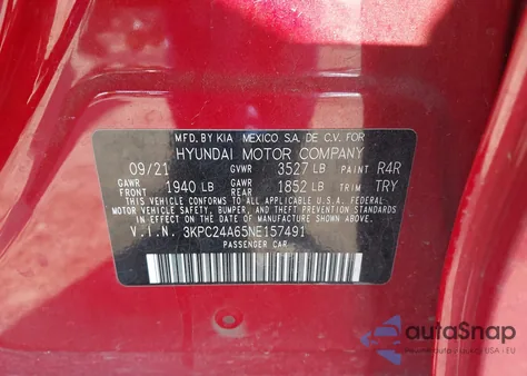 2022 Hyundai Accent Se from USA, damaged, VIN 3KPC24A65NE157491